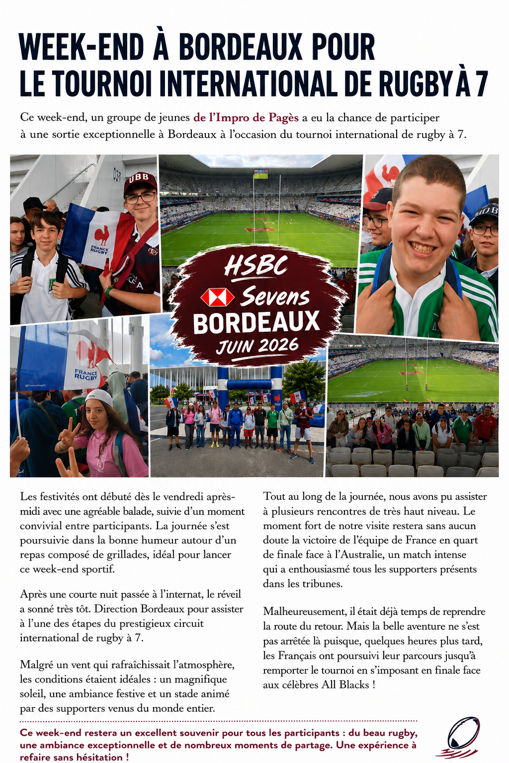 WEEK-END A BORDEAUX POUR LE TOURNOI INTERNATIONAL DE RUGBY A 7